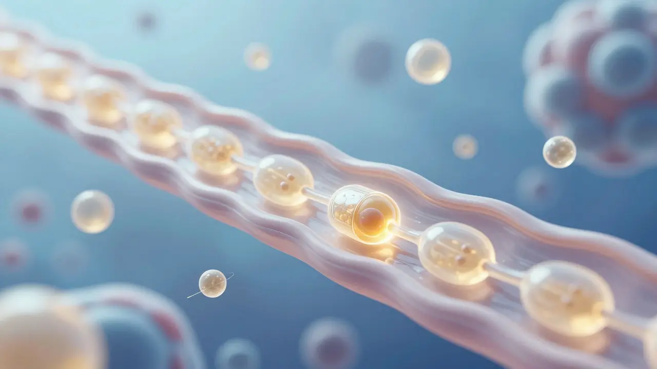 Molekulární ilustrace kolagenových peptidů cestujících krví do kůže a kloubů.