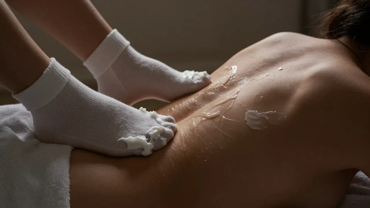 Nohy a záda osvětlené v měkkém světle, noha s krémem a ponožkami, záda s jemným nanesením krému, bez agresivních látek.