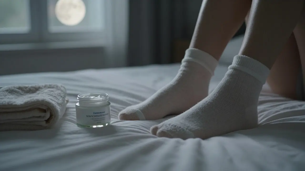Nohy v bavlněných punčochách na posteli večer, krém a ručník vedle, klidné osvětlení.