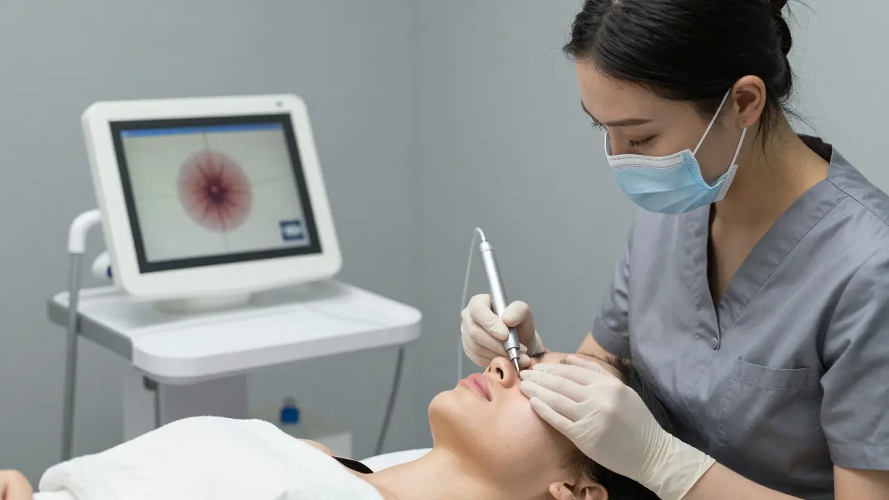 Odborník provádí elektrodepilaci na horní rti ženy v klinickém prostředí.