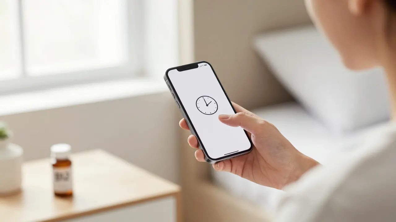 Osoba nastavuje připomínku na mobilu pro vitamin B12.