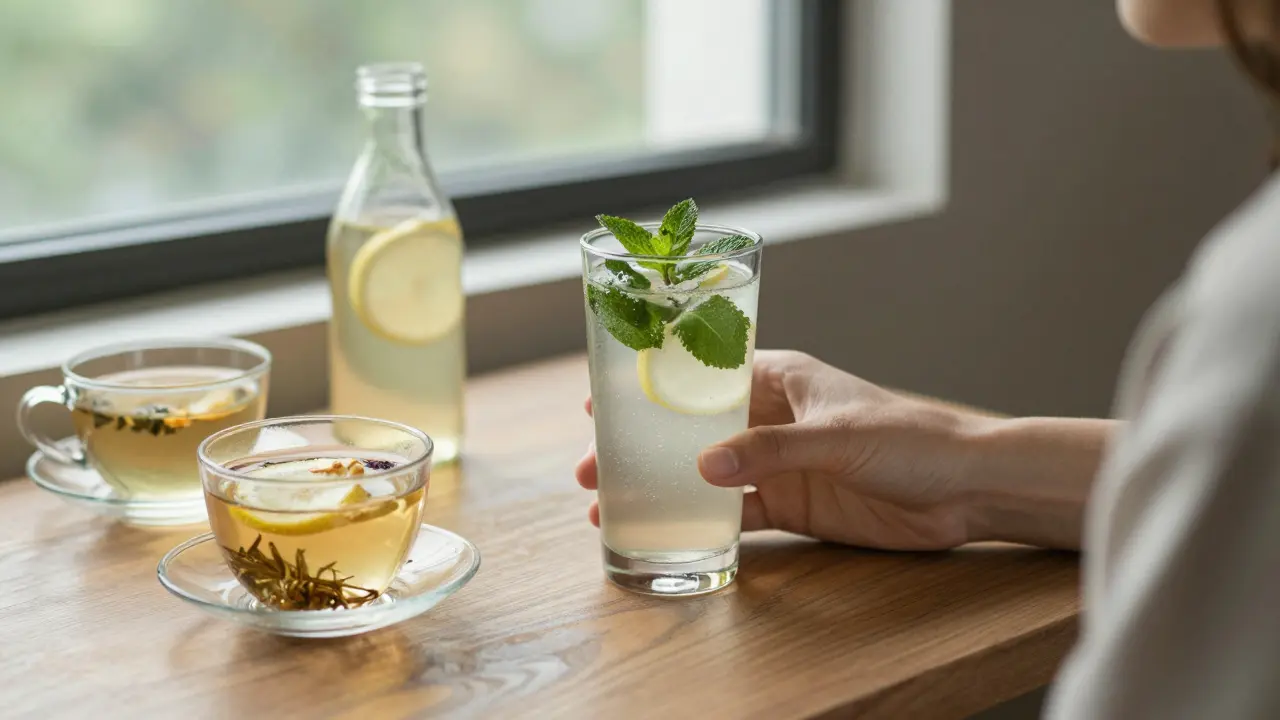 Osoba si užívá bezalkoholický nápoj s citronem a zázvorem, kolem ní jsou bylinné čaje a zdravé nápoje.