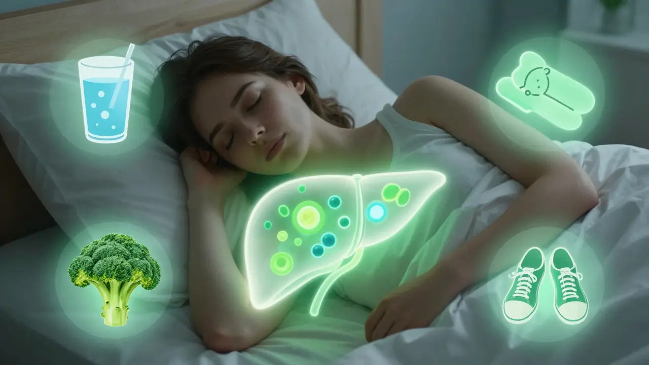 Osoba spí, zatímco její játra regenerují podporovaná vodou, zeleninou a spánkem.