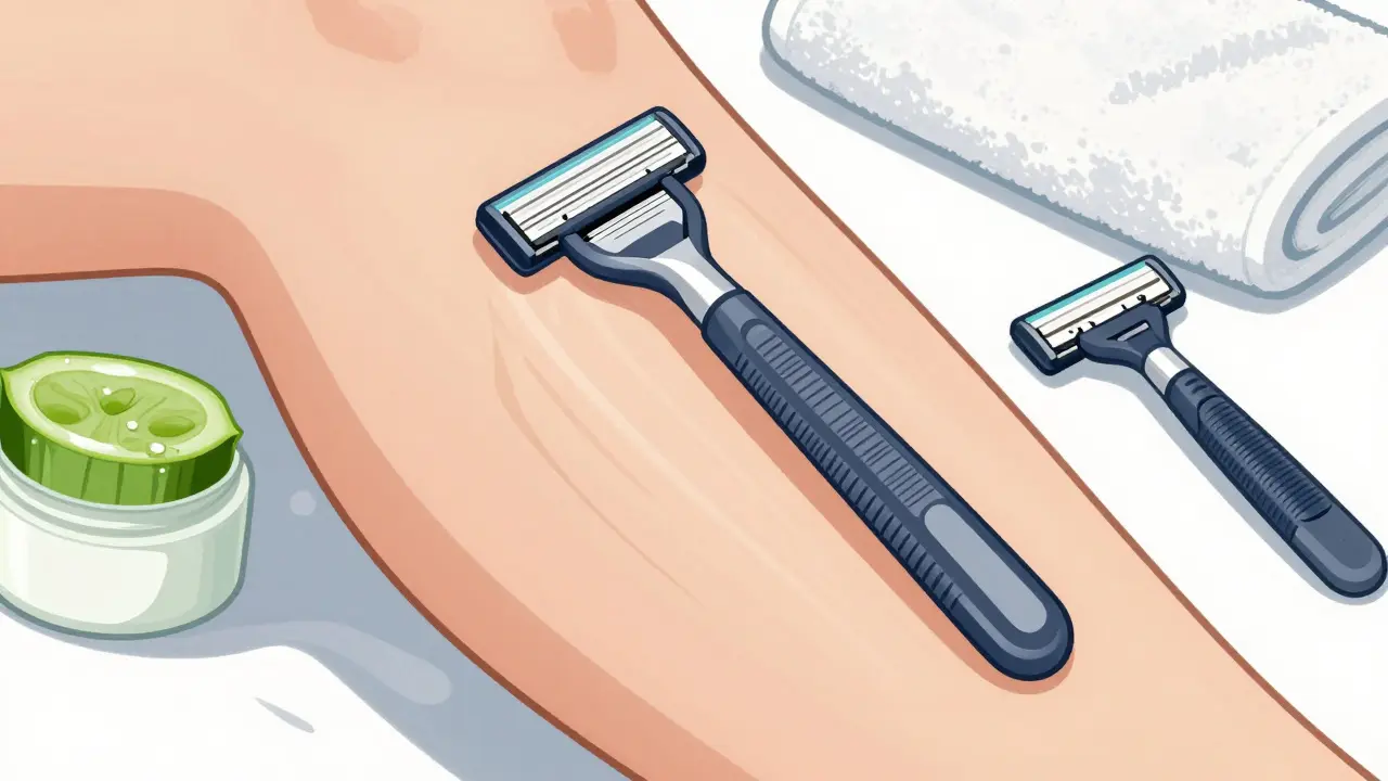 Ostrý holič s pěti ostřími klouže po noze ve směru růstu chloupků.