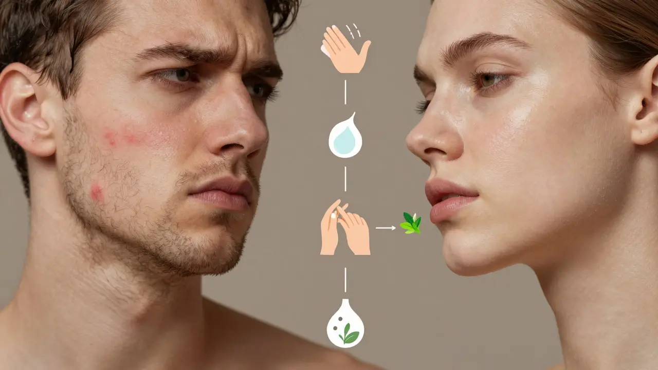 Porovnání podrážděné kůže a hladké kůže po správném holení a hydrataci.