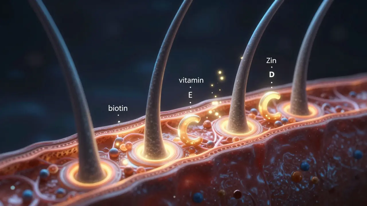 Příčný řez vlasovým folikulem, který přijímá živiny jako biotin, vitamín D a železo.