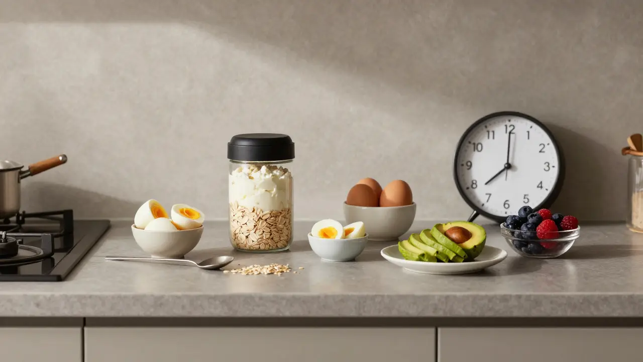 Připravené složky rychlé snídaně v české kuchyni: tvaroh, ovesné vločky, vajíčka a ovoce