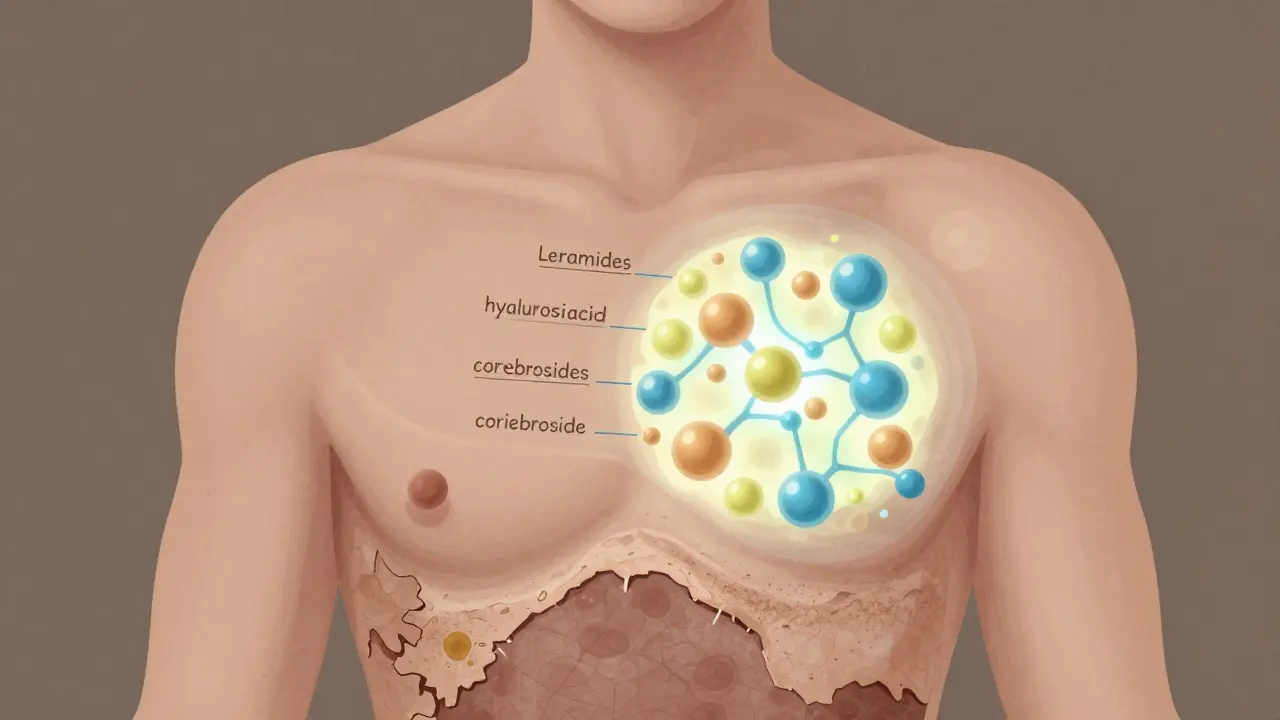 Průhledný nákres kůže s obnovovanou lipidovou bariérou, kde se svítící molekuly ceramidů a hyaluronové kyseliny spojují do účinné ochrany.