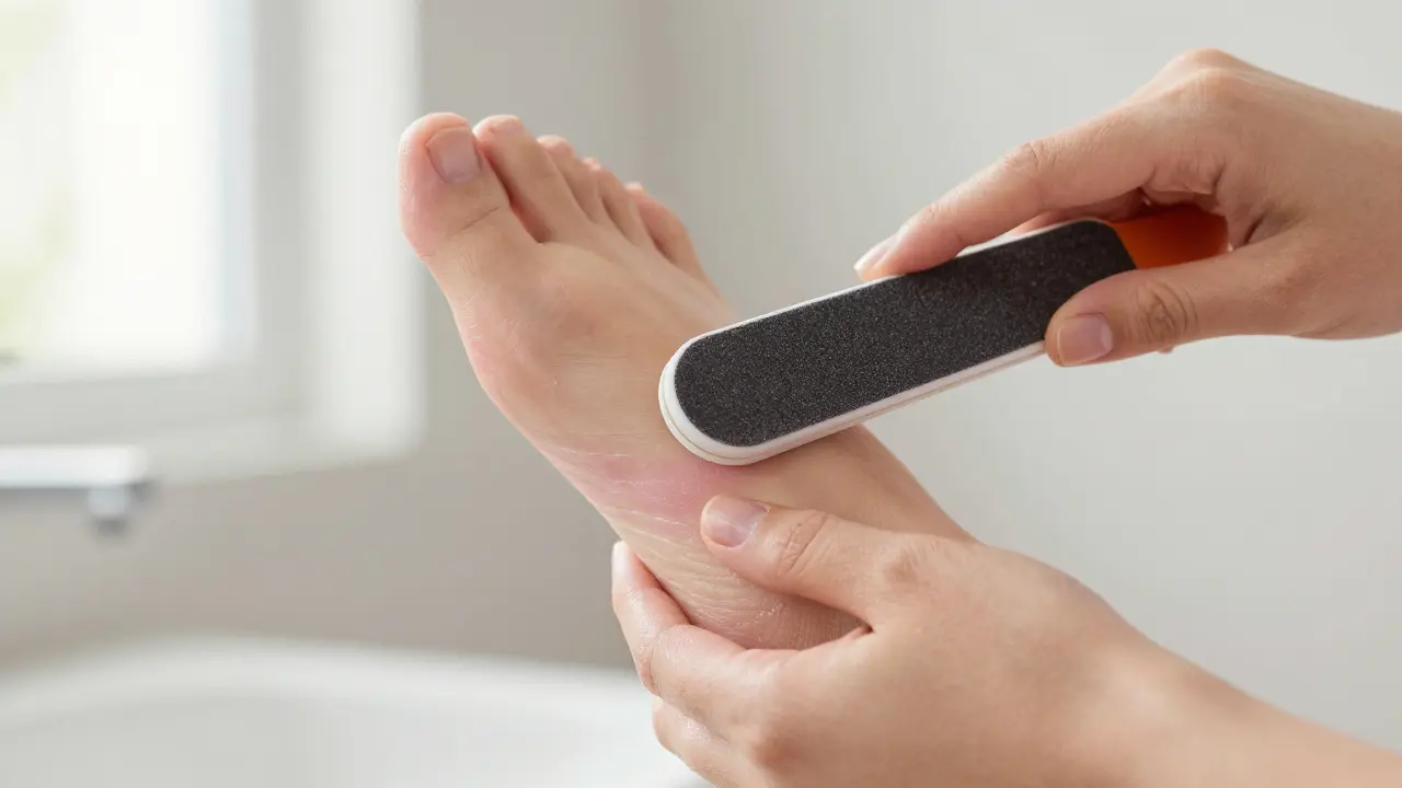 Ruce jemně pilíkují kůži na pátě, viditelná hydratovaná kůže a jemný pohyb pilníku.