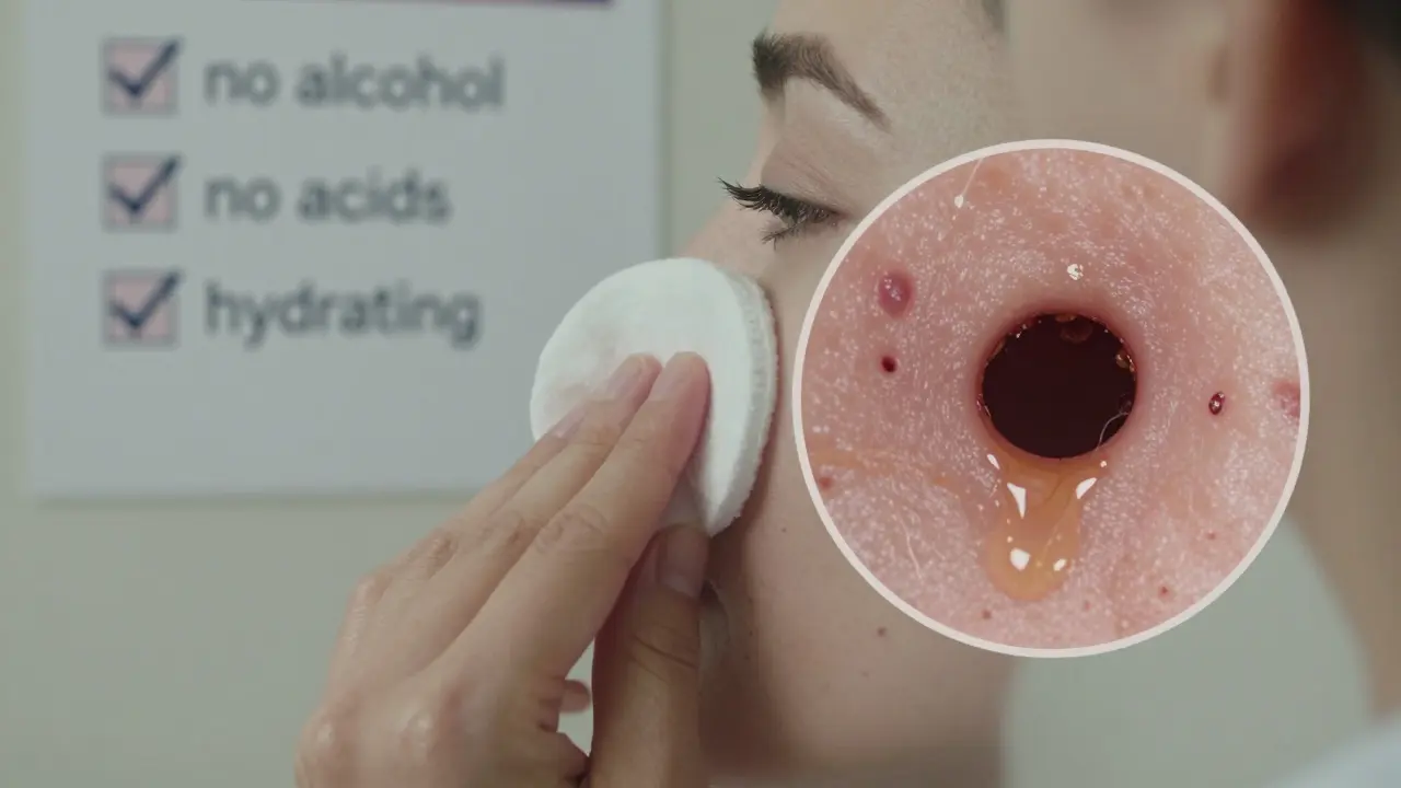 Ruka aplikuje pleťovou vodu na kůži, vedle mikroskopický pohled na čisté a zablokované póry.