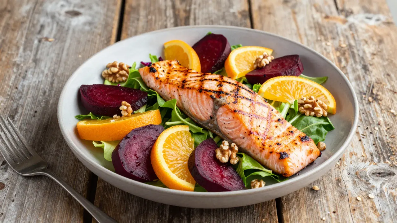 Salát s lososem, červenou řepou a citrusy na dřevěné desce
