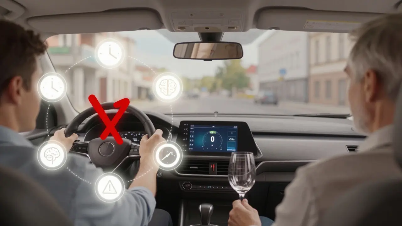 Split image: young driver with zero tolerance symbol and older driver with 0.4‰ alcohol level on dashboard.