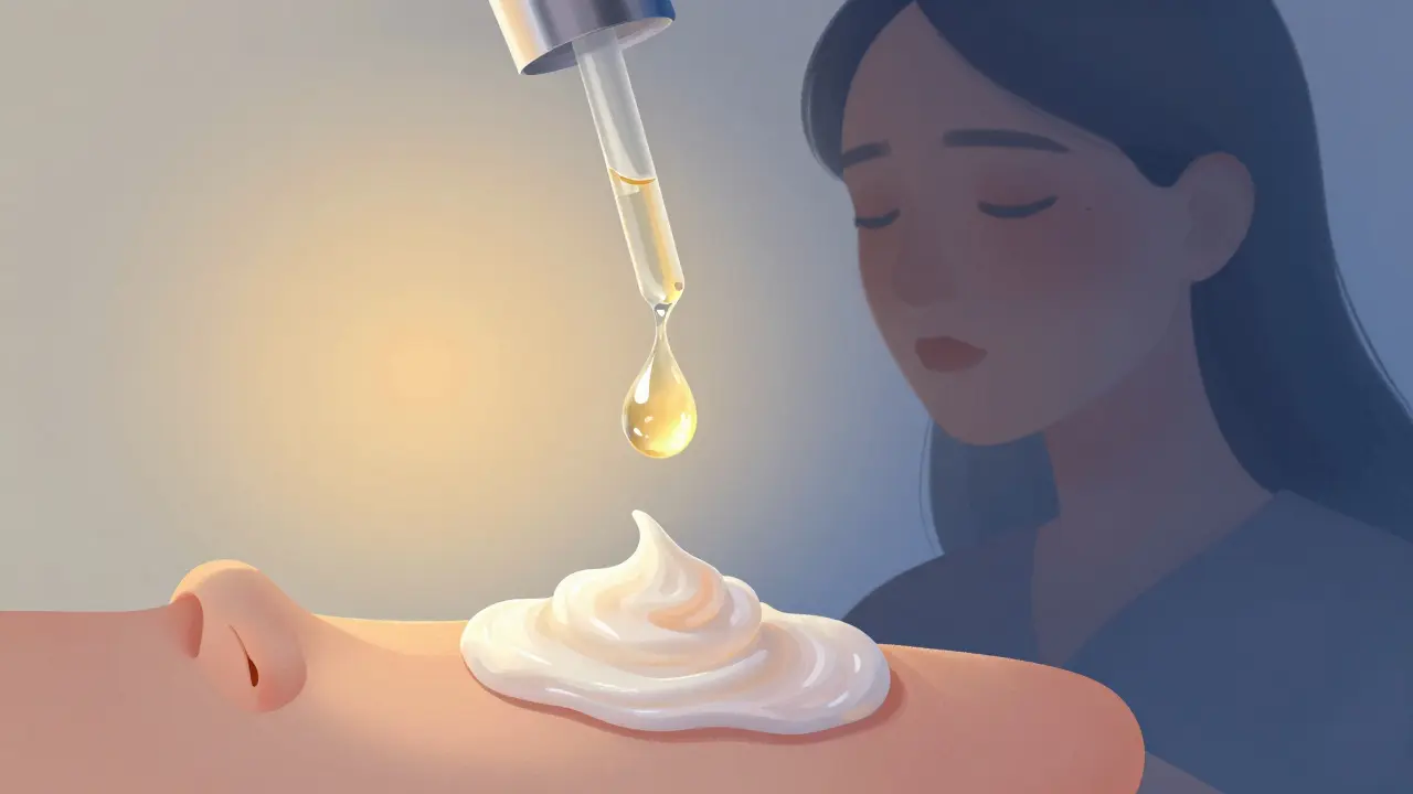 Správné pořadí péče o pokožku: tenké sérum před hustým krémem ve světlém prostředí.