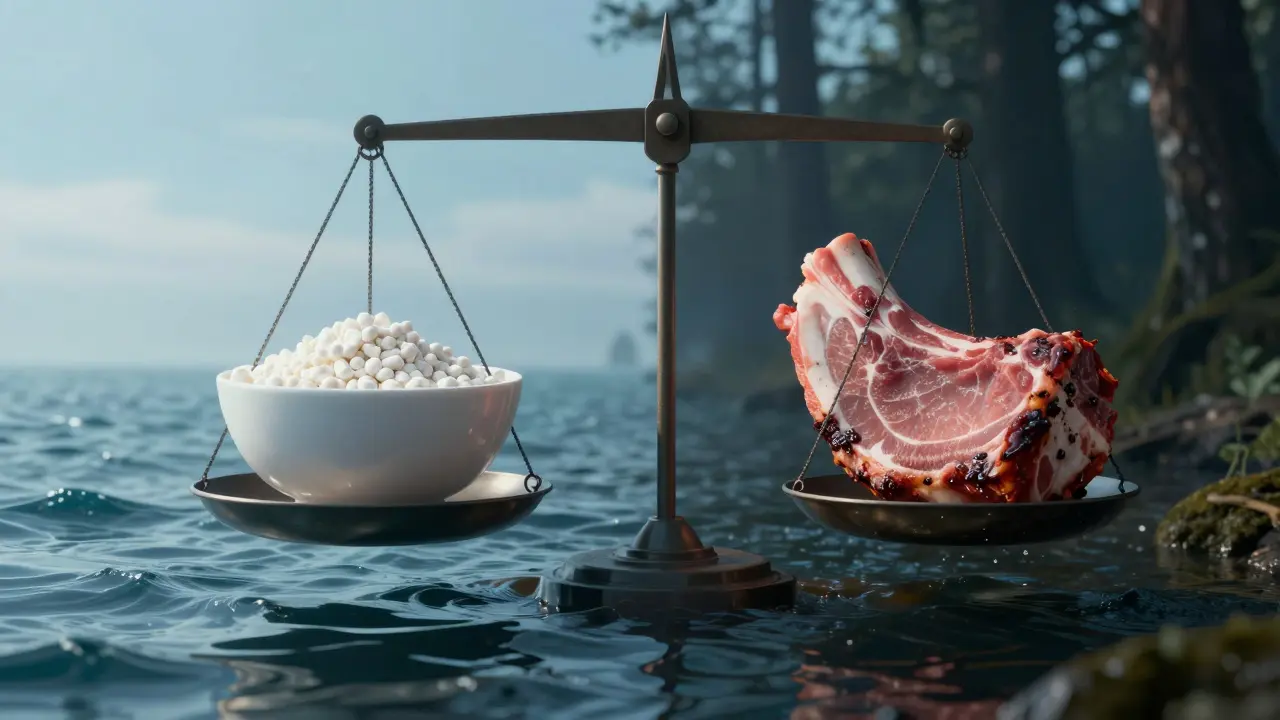 Váha s mořským kolagenem a vepřovým masem, symbolizující zdraví a toxické riziko.