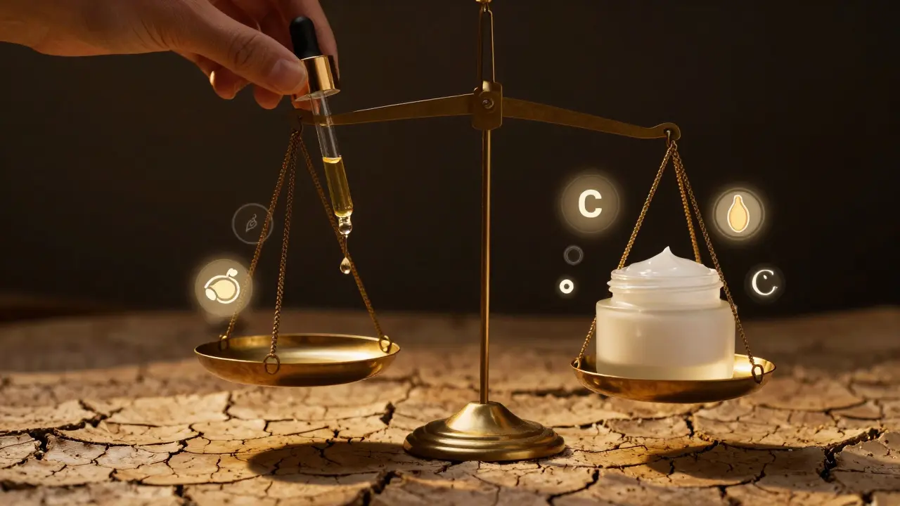 Váha s sérum a kremem, symbolizující rovnováhu mezi hydratací a ochranou.