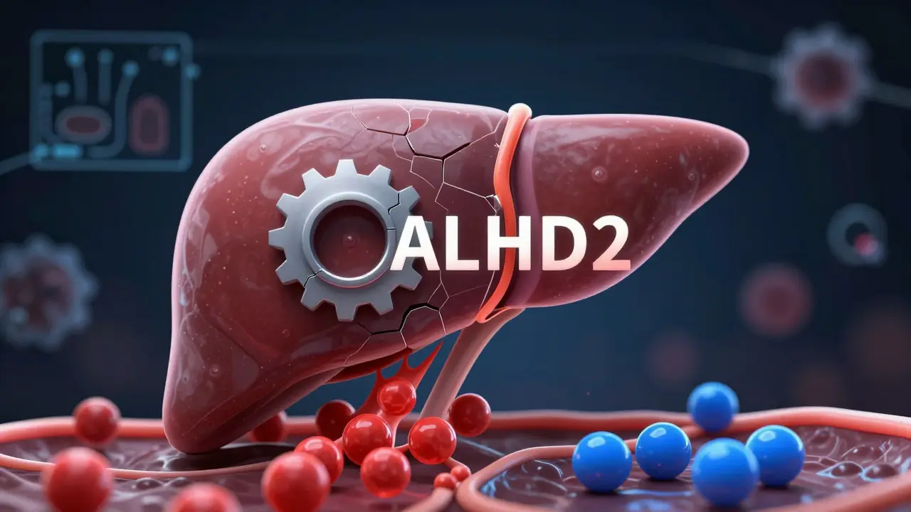 Vizualizace játra s poškozeným enzymem ALDH2 a hromaděním toxického acetaldehydu v krevním oběhu.