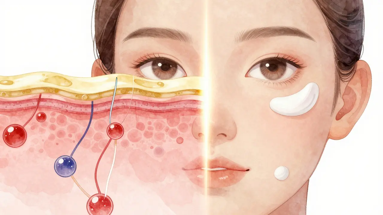 Vizualizace pleti s hlubokými vrstvami kůže, kde sérum proniká a krem chrání.