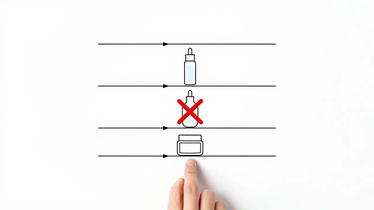 Vizualizace správné kolejnosti kůžní péče: pět vrstev od tenké k husté.