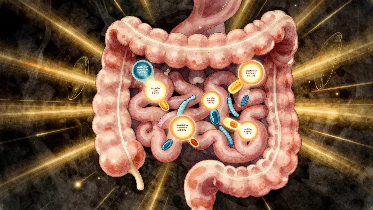 Vnitřní trávicí trakt s osvětlenými probiotickými bakteriemi jako ochrannými štíty proti infekcím.