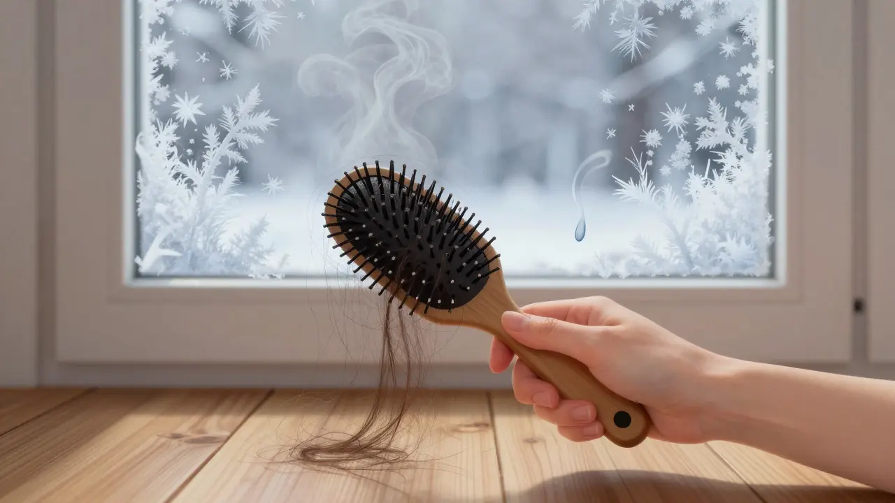 Žena drží štětec plný vlasů u okna s mrazem venku a parou uvnitř.