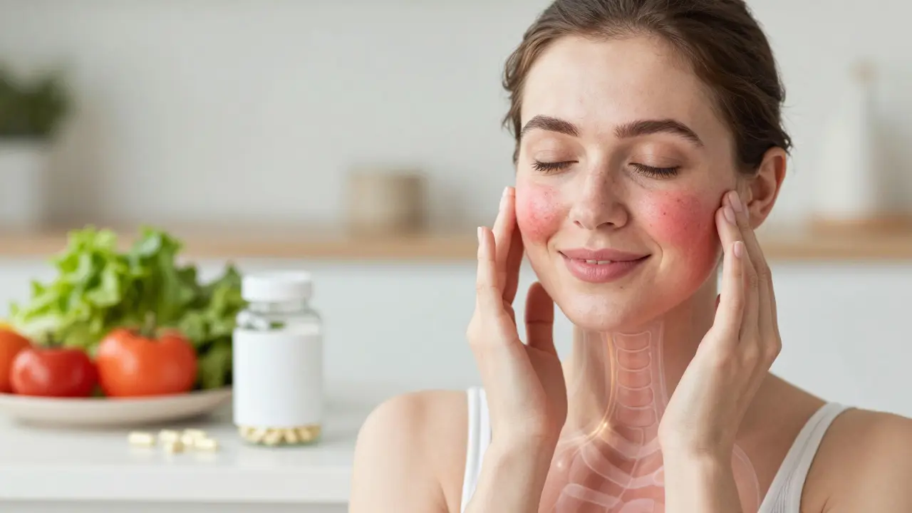 Žena s lepší pokožkou, symbolizující spojení zdravého střevního mikrobiomu a kůže.