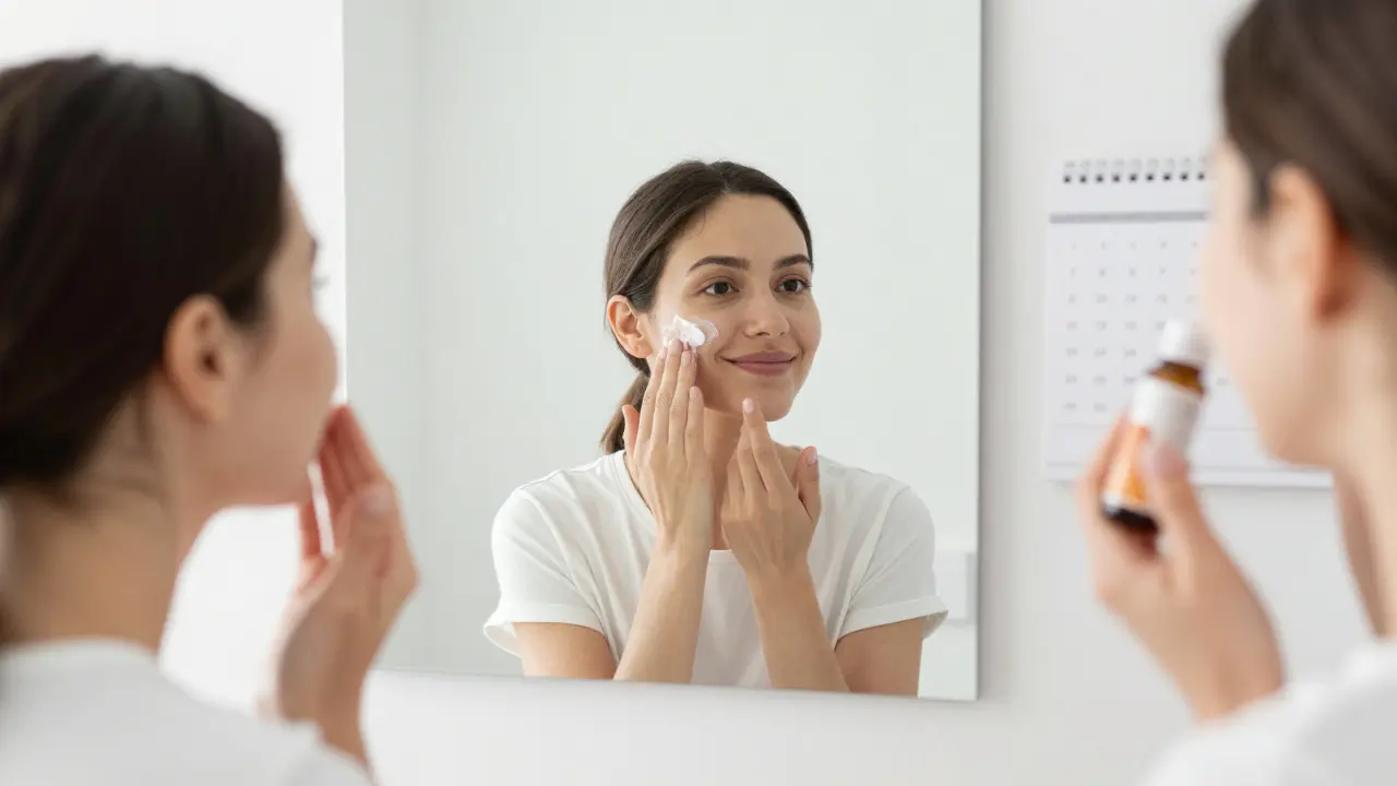 Žena se dívá do zrcadla s kolagenovým nápojem a kalendářem s 12 týdny užívání.