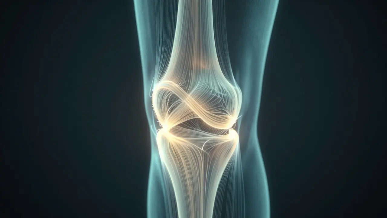 Abstraktní znázornění obnovy kloubní chrupavky zářivými vlákny kolagenu v nohou.