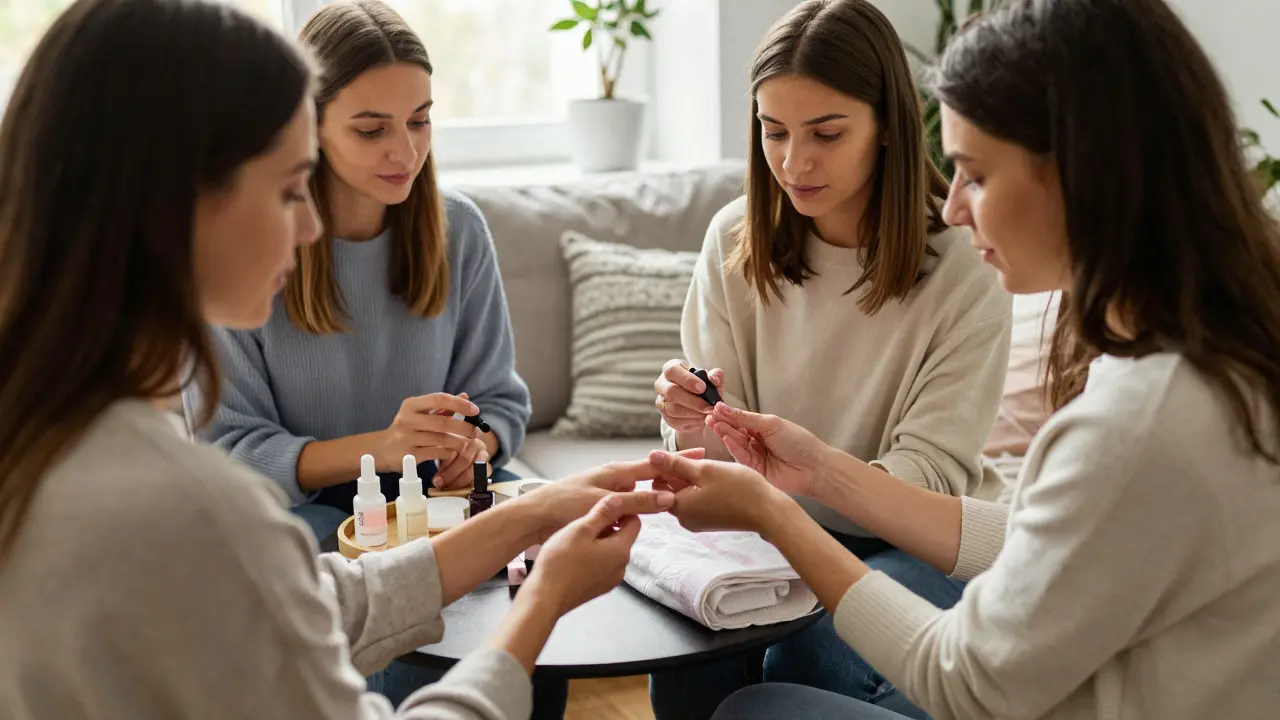 At-home nail service with hand massage and organic products in a cozy living room.