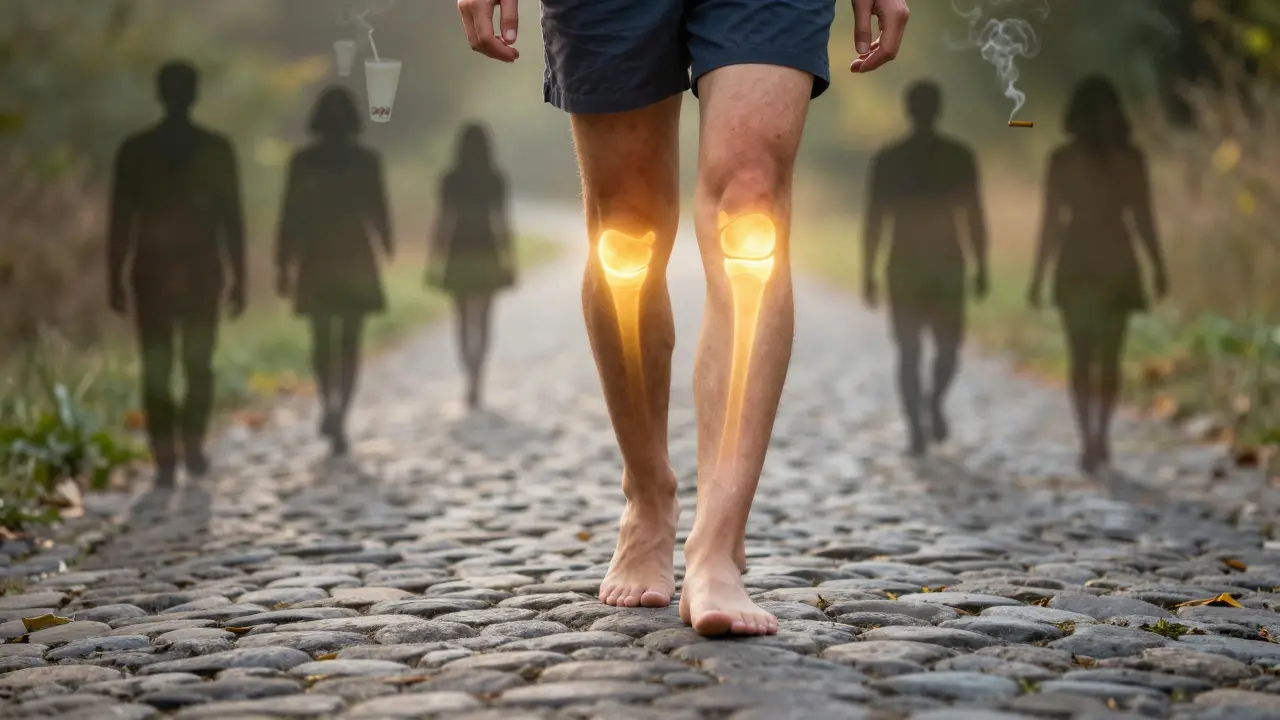 Člověk chodí po štěrkové cestě v ranním světle, zlatý zářivý prsten kolem kloubů, zatímco špatné návyky postupně mizí.