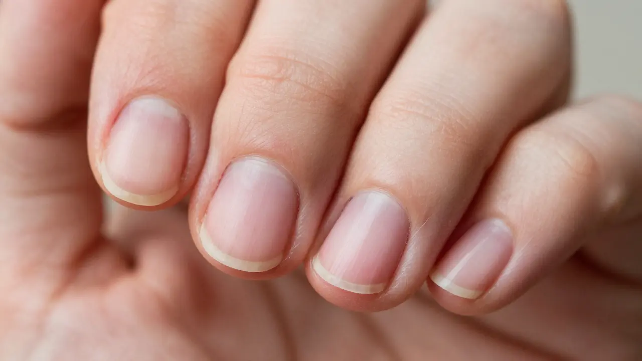 Detail poškozených nehtů a zanícené kůže kolem nehtových lůžek.