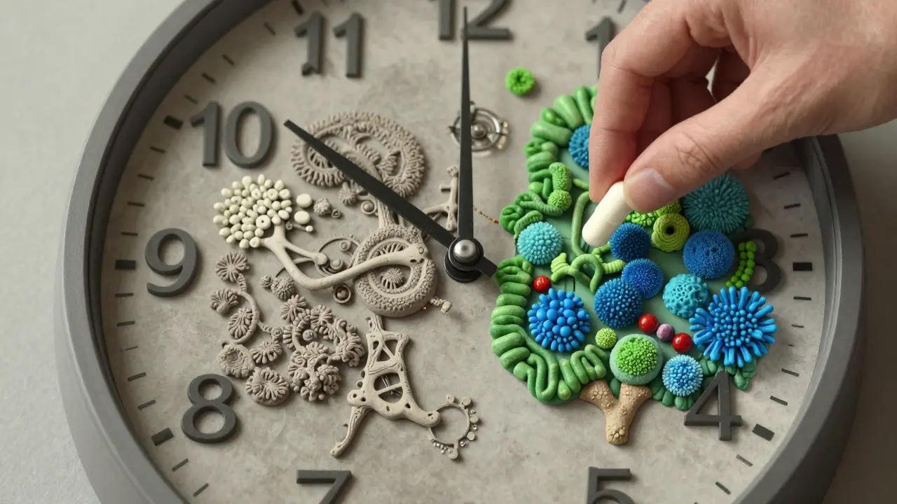 Hodiny s obrazem střevní mikroflóry, která se obnovuje od poškození k obnově.