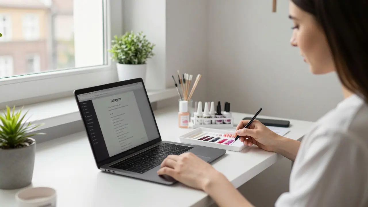 Independent nail artist managing bookings and supplies in a small Brno studio.