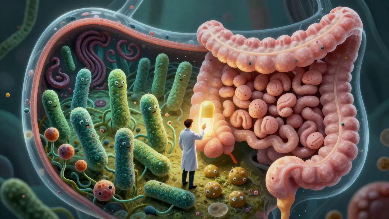 Koncepční obrázek střev s obnovujícími se mikroby, kontrastujícími s následky průjmu.
