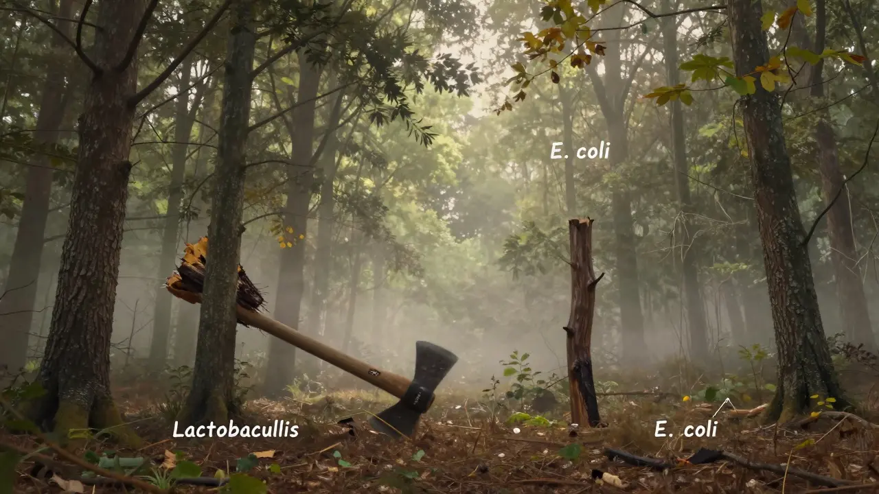 Květový ekosystém představující střevní mikrobiom s ničenými laktobacily