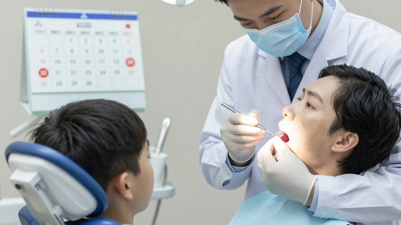 Lékař provádí prohlídku ústní dutiny s použitím zrcátka a osvětlení.