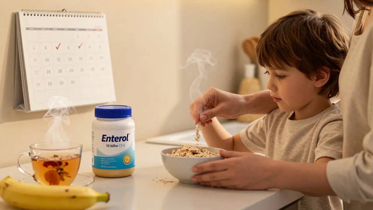 Matka dává dítěti probiotikum v ovesce, na pozadí kalendář s označenými dny užívání.