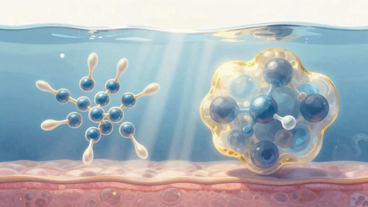 Molecular comparison of marine and bovine collagen within skin layers, using blue and gold tones to show absorption differences.