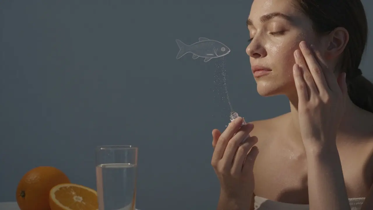 Osoba aplikuje serum na obličej večer, vedle ní jsou voda a citrusový ovoce, nad ní je rybí silueta s jiskřícími částicemi.