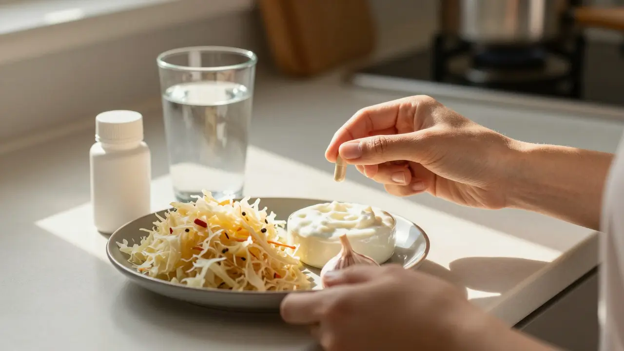 Osoba u kuchyňského stolu s probiotikem a kvasenými potravinami