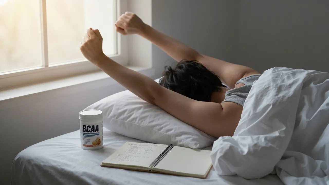 Person stretching in morning light beside unopened BCAA tub and notebook tracking protein and sleep.