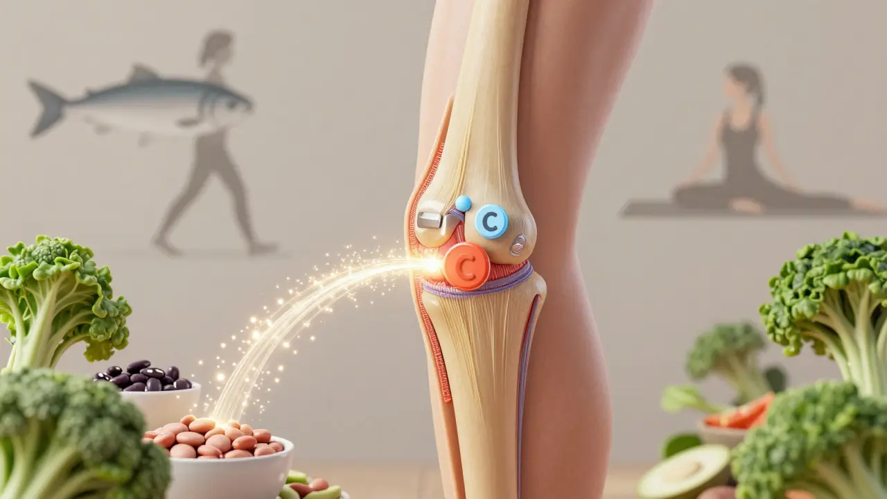 Průřez kloubem s kolagenovými vlákny, která se obnovují pomocí živin z potravin a pohybu.