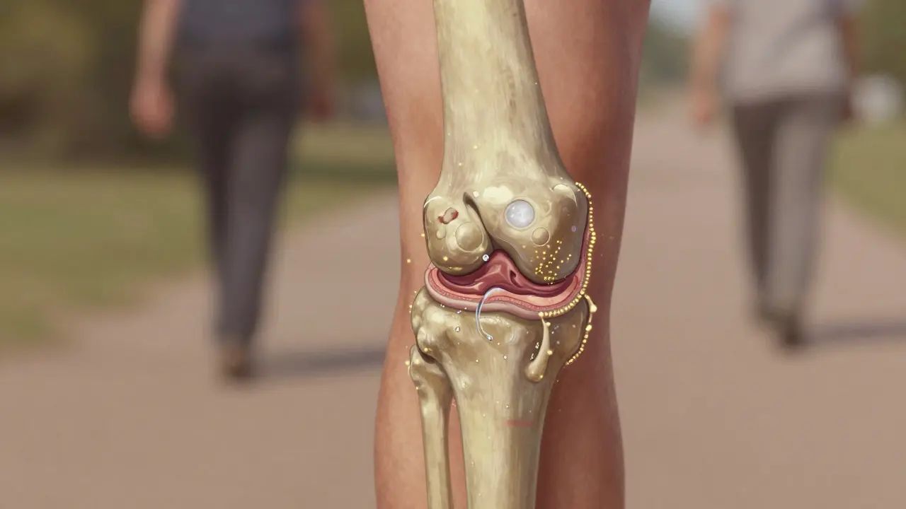 Průřez kolenního kloubu s opotřebovanou chrupavkou, kostní výběžky a tekutinou, kolagen symbolizuje obnovu.