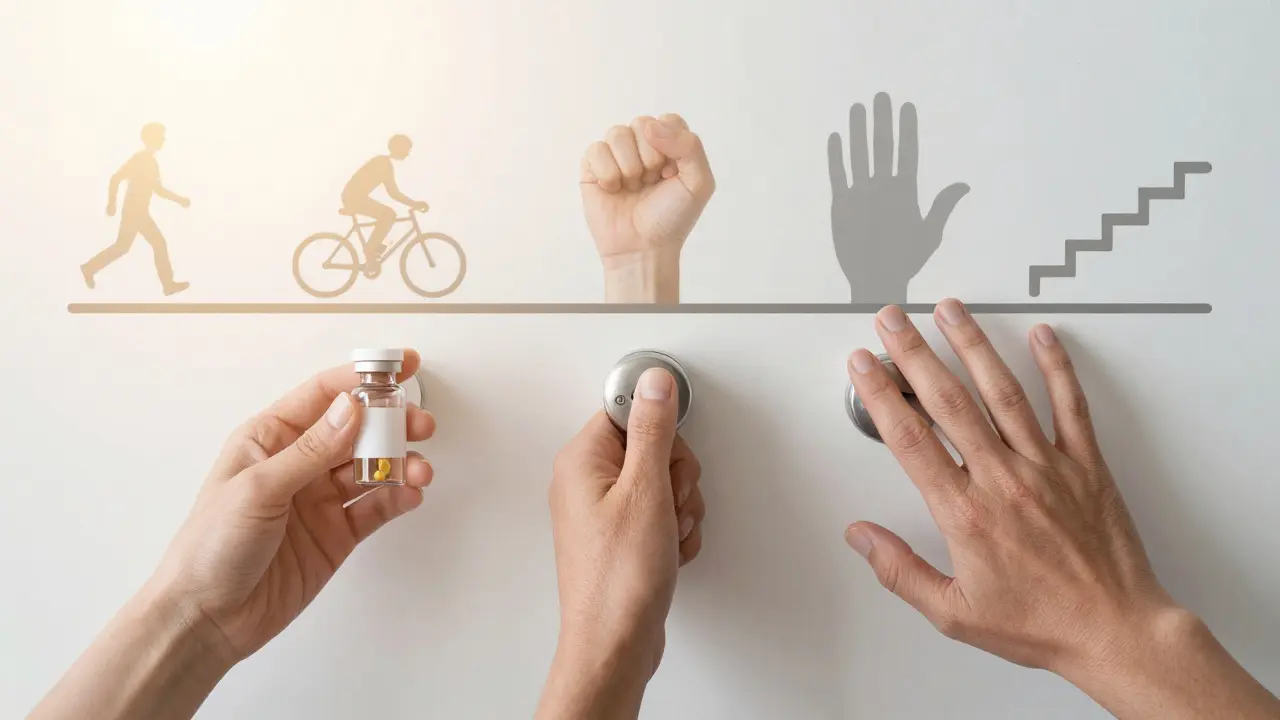 Ruce ukazují obnovu pohybu: drží kolagen, otevírají dveře a prohýbají prsty po ztuhlosti.