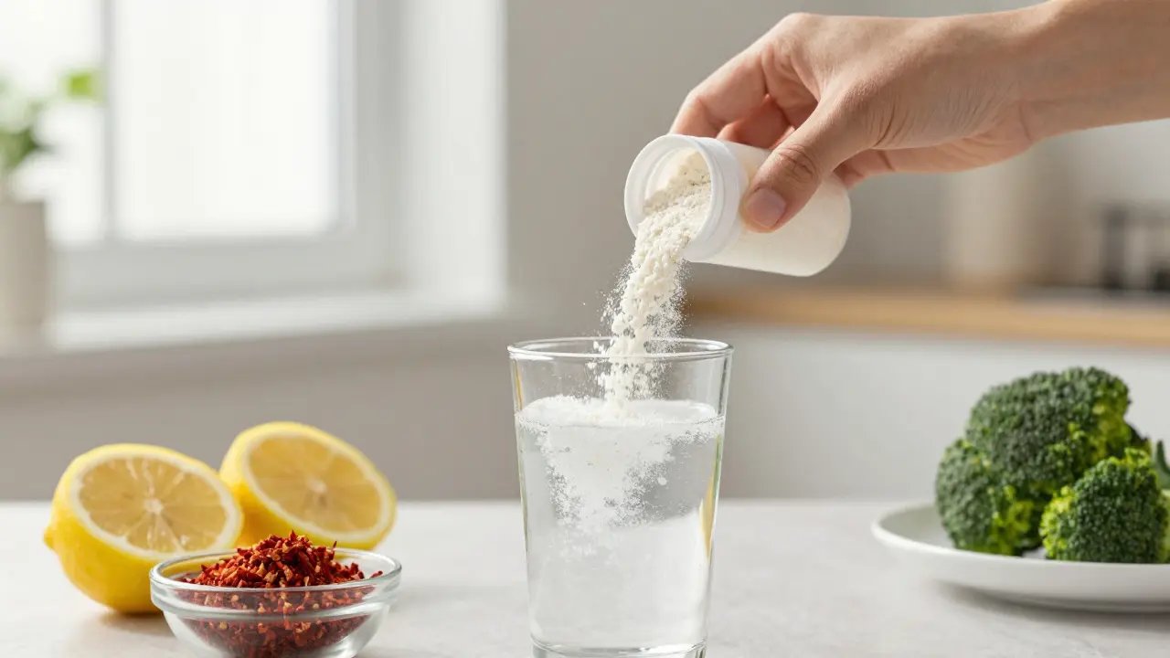 Ruka nalévá hydrolyzovaný kolagen do vody vedle čerstvých potravin bohatých na vitamín C.