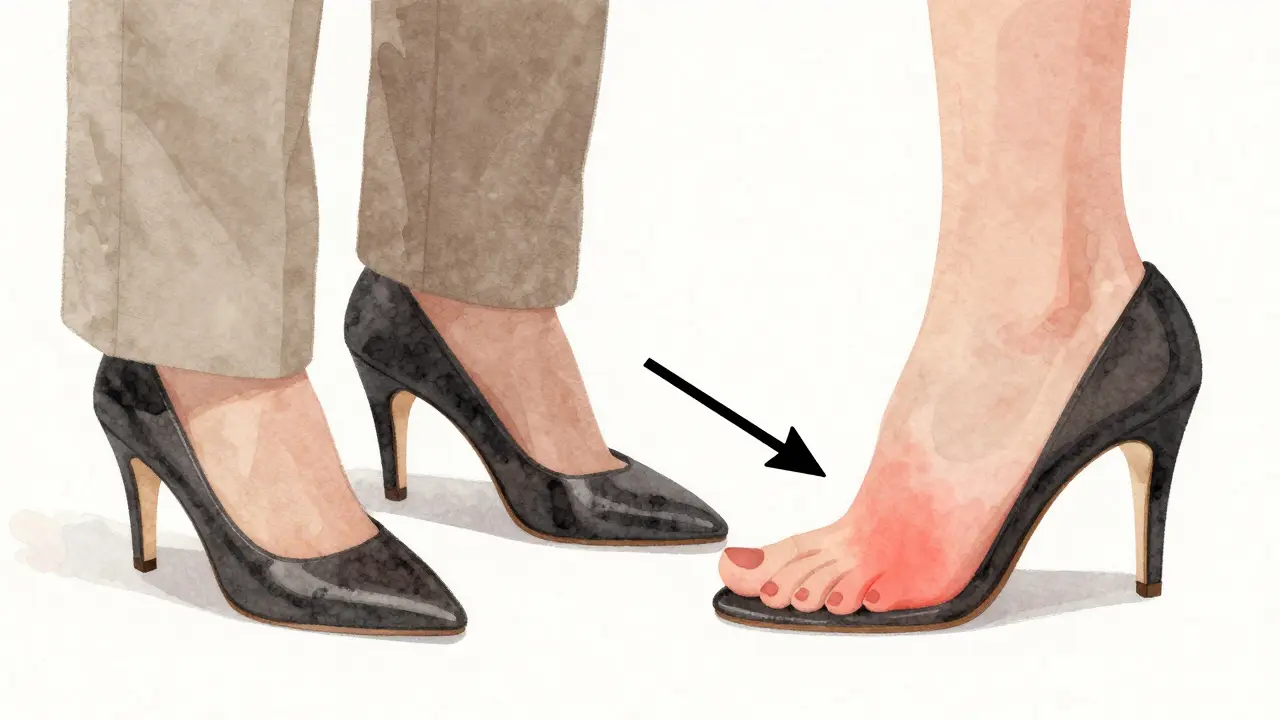 Široké boty vedle úzkých, s náznakem zdravého a nemocného růstu nehtu.