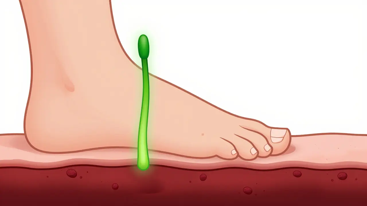 Srovnání zdravého a zarostlého nehtu: jeden roste nahoru, druhý se zanořuje do kůže.