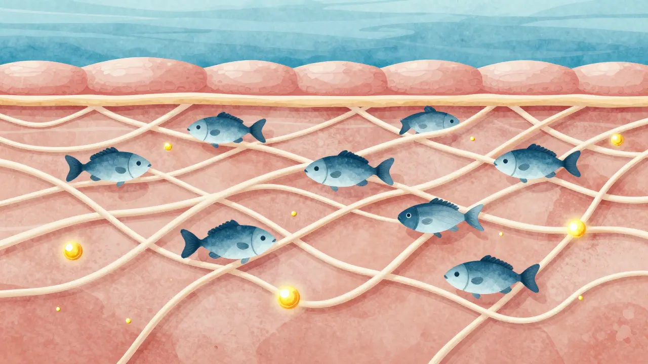 Struktura kůže jako síť kolagenových vláken, kterou opravují rybí tvary a zlaté částice představující peptidy.