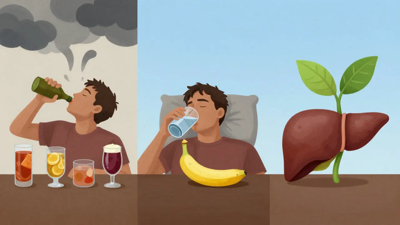 Tři scény srovnávající špatné a dobré návyky po pití alkoholu: pít, spát, pít vodu.