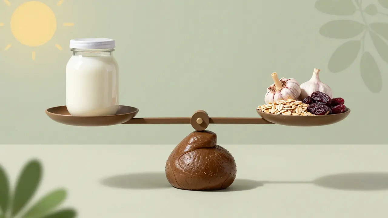 Váha s probiotiky a prebiotiky v rovnováze, symbolizující zdravé trávení.