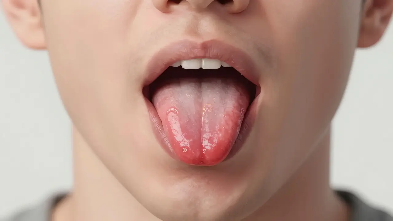 Vnitřek úst s viditelnými příznaky rakoviny: nezahojující se rána, červená skvrna a zvětšené lymfatické uzliny.